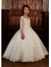 Long Sleeves Ivory Sequined Lace Tulle Keyhole Back Flower Girl Dress